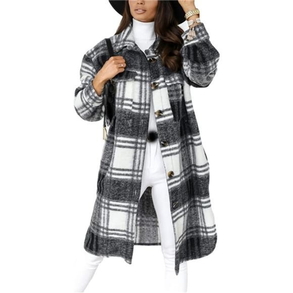 Women's Long Flannel Plaid Jacket Shacket Shirt Trench Coat